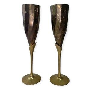 Vintage Brass Champagne Flutes MCM Twisted Goblets Toasting Glasses 2